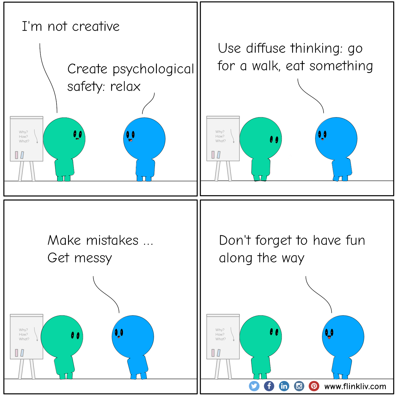 Conversation between A and B about how to stimulate creativity
				A: I'm not creative.
				B: Create psychological safety; relax.
				B: Use diffuse thinking, go for a walk, eat something.
				B: Make mistakes, get messy. 
				B: And don't forget to have a little fun along the way
				